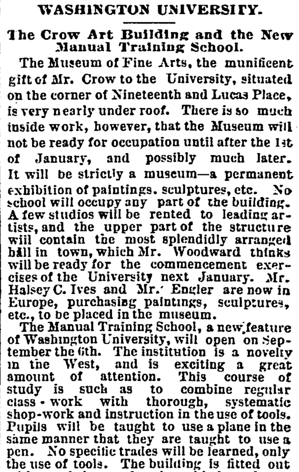 The beginning of the article "Washington University: The Crow Art Building and the New Manual Training School" from the St. Louis Post-Dispatch